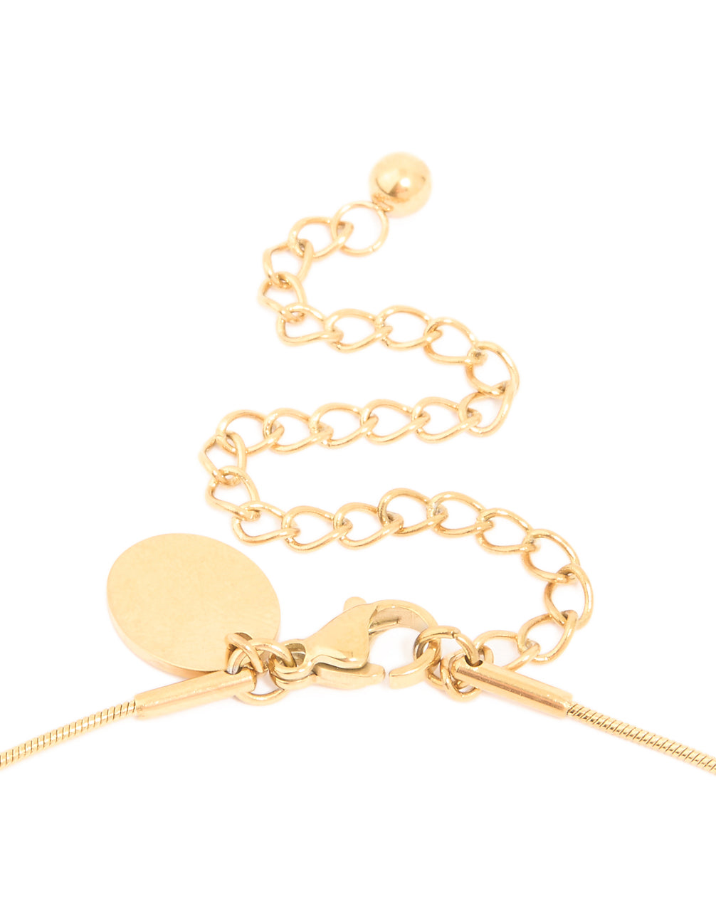 Presenting waterproof pendant necklace with stainless steel and freshwater pearl in gold plated finish clasp detail view