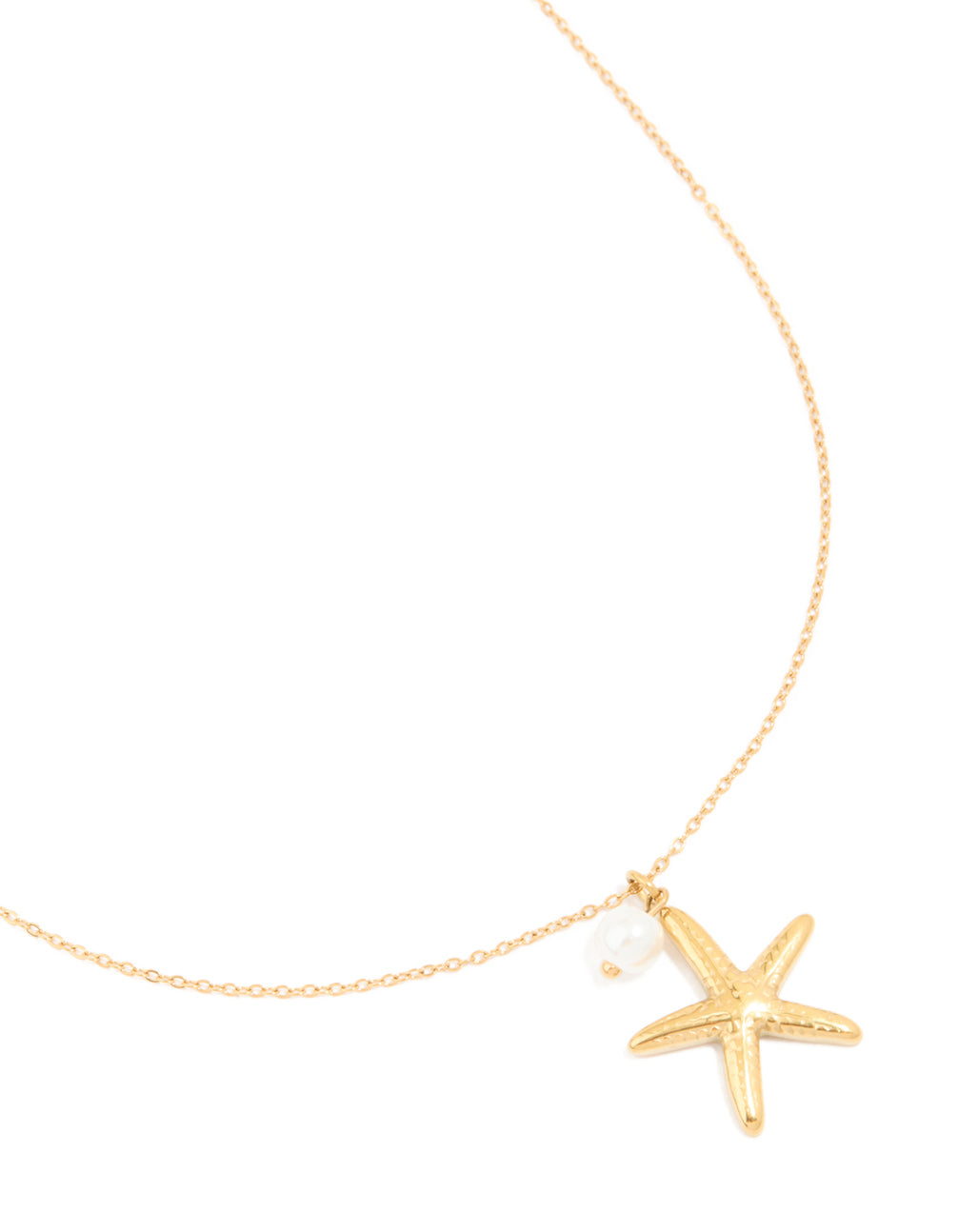 Showcasing a waterproof gold plated starfish charm with pearl on stainless steel dainty pendant necklace close up view