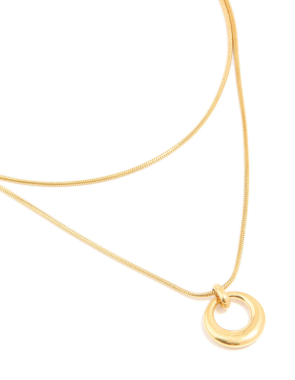 Beautifully crafted waterproof snake chain layered necklace featuring an open circle pendant in gold plated stainless steel close up view