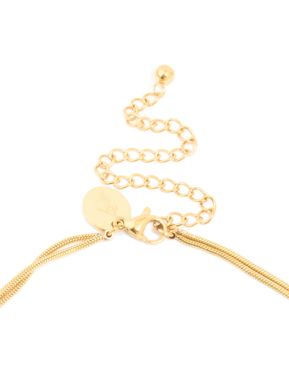 Detailed look at the waterproof snake chain layered necklace with open circle pendant in gold plated stainless steel clasp detail view