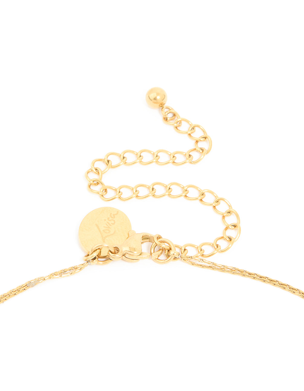 Detailed view of waterproof layered necklace clasp with beads and pearl in gold plated stainless steel clasp detail view