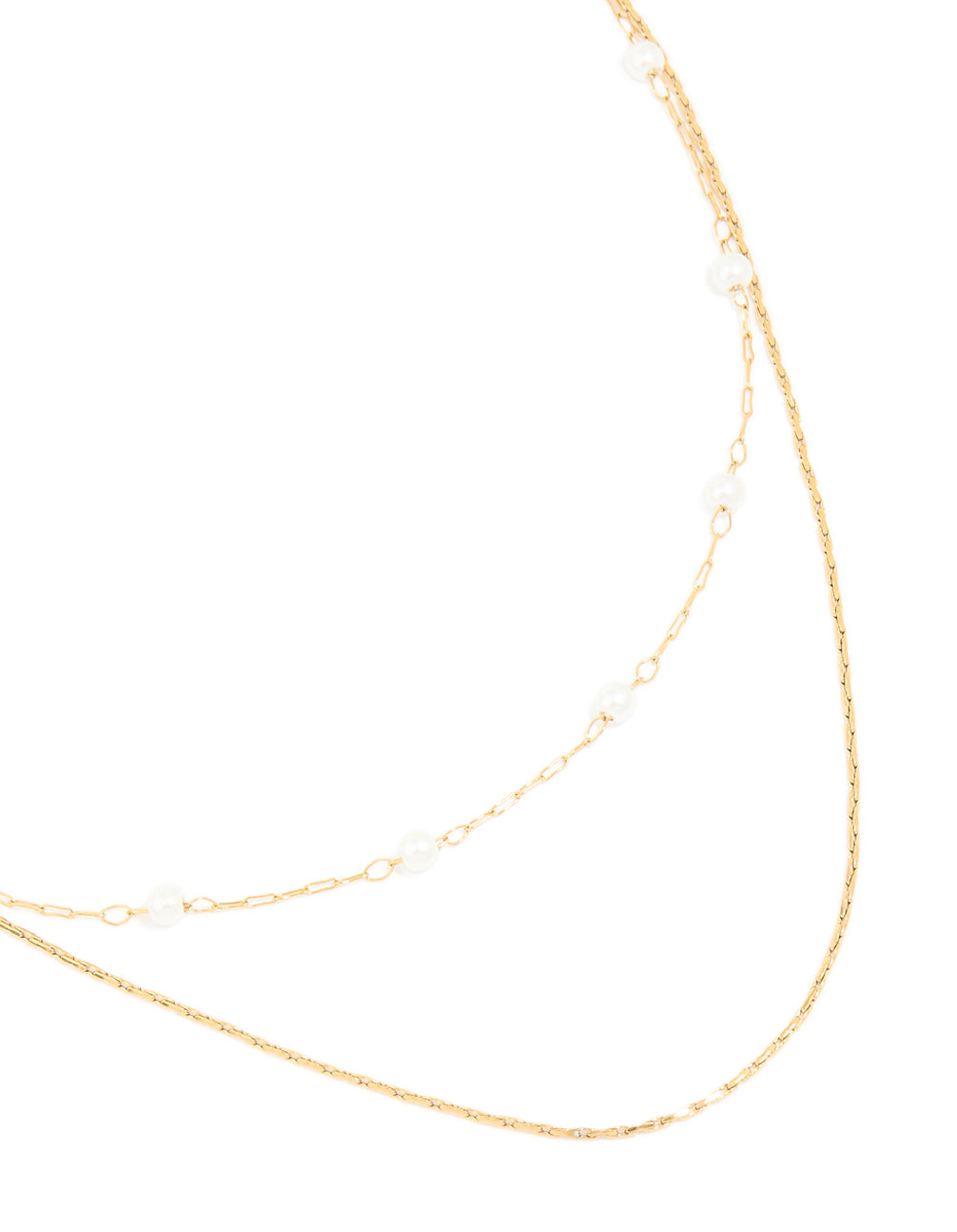 Beautifully crafted waterproof gold plated stainless steel pearl layered chain necklace close up view