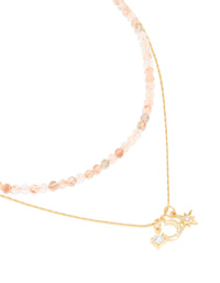Waterproof Gold Plated Stainless Steel Rose Quartz Semi Precious Stone & Celestial Layered Necklace - link has visual effect only