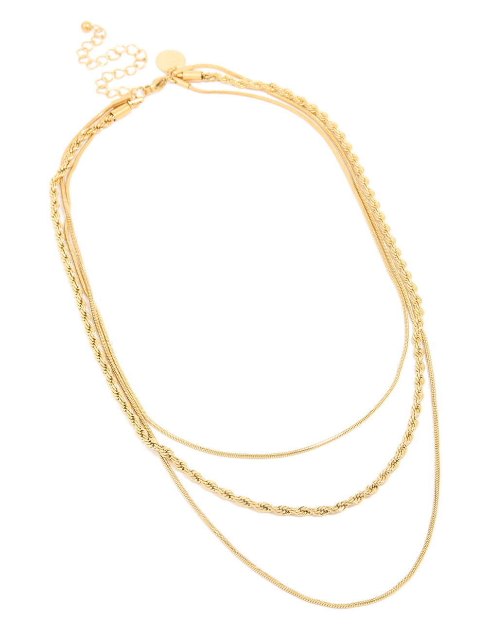 Crafted from waterproof stainless steel, this mixed chain layered necklace in gold plated finish front view