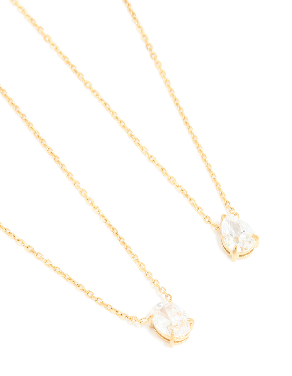 Showcasing waterproof gold plated stainless steel cubic zirconia necklaces 2-pack with pendant pear stone cut crystal dainty style close up view