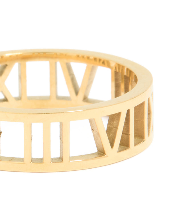 Waterproof Gold Plated Stainless Steel Cut Out Roman Numeral Ring
