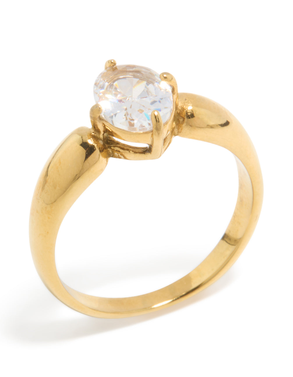 Crafted from thick waterproof gold plated stainless steel with oval cut cubic zirconia in a statement style side detail view