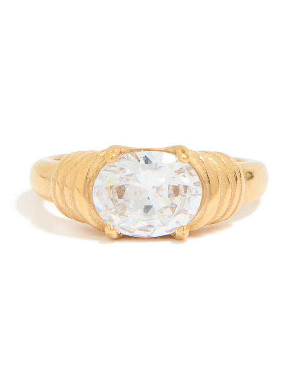 Waterproof Gold Plated Stainless Steel Oval Cubic Zirconia Ribbed Ring