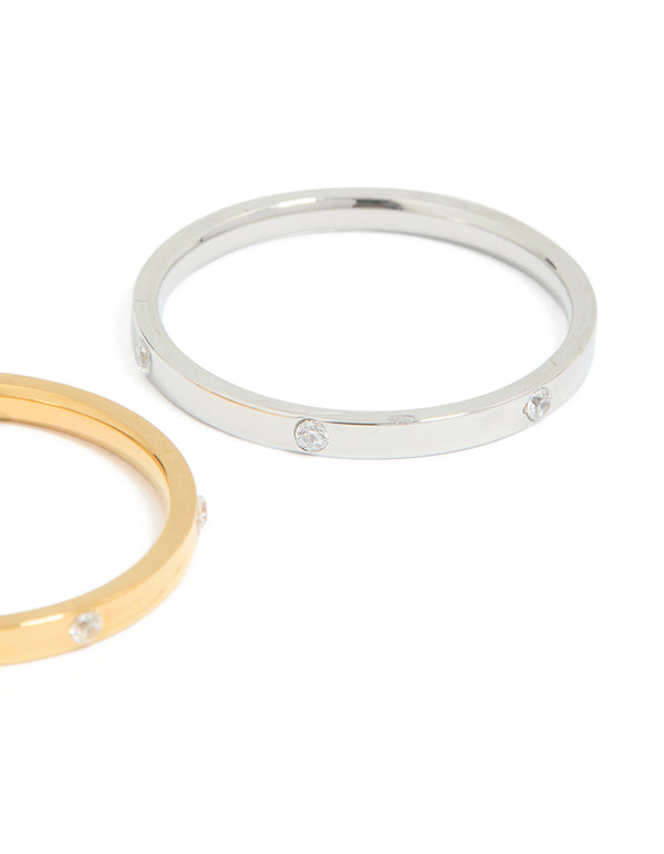 Waterproof Mixed Metals Plated Stainless Steel Skinny Cubic Zirconia Dot Rings 2-Pack