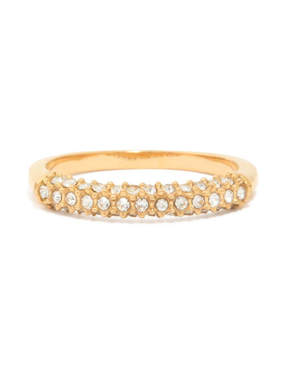 Showcasing a waterproof gold plated stainless steel skinny ring with cubic zirconia pave detailing close up view