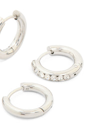 Waterproof Stainless Steel Cubic Zirconia & Smooth Chunky Huggie Earrings 2-Pack - link has visual effect only