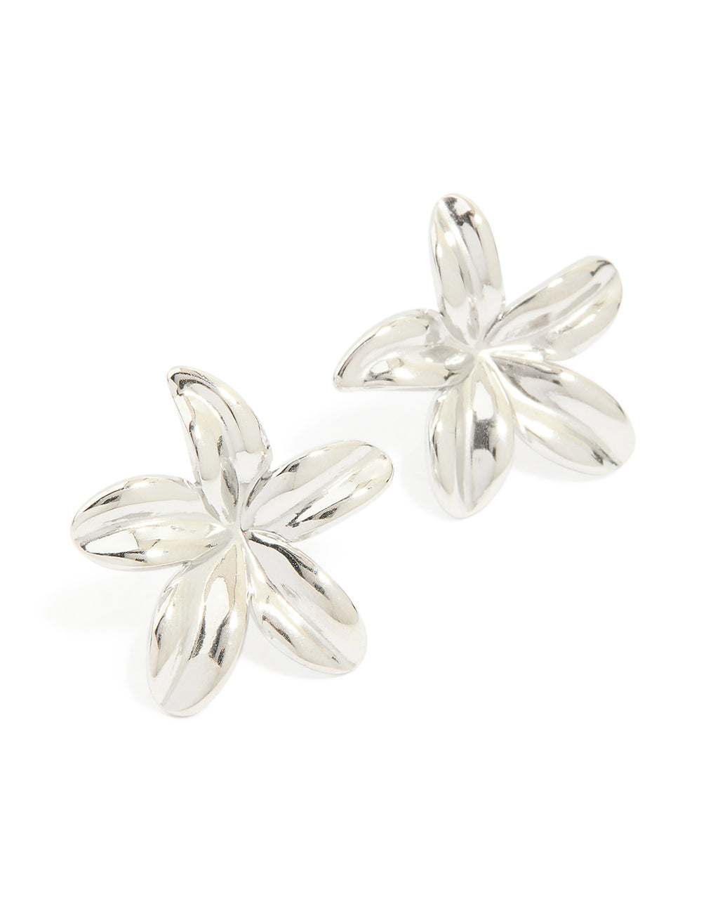 Showcasing dainty floral charm stainless steel waterproof silver 5-petal flower earrings front view