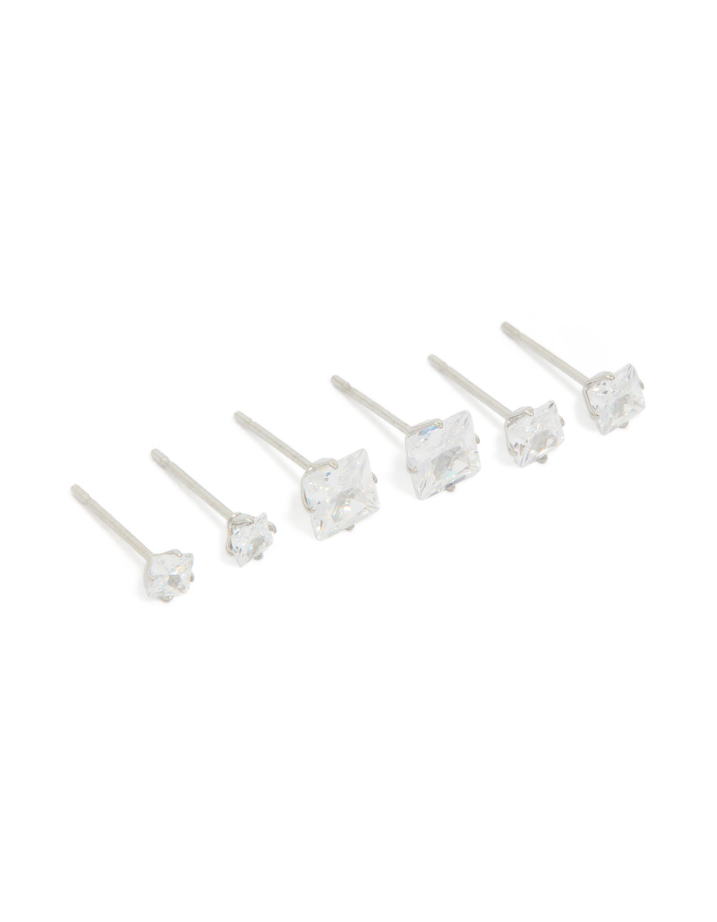 Showcasing waterproof stainless steel cubic zirconia square stud earrings in a 3-pack set with silver and clear stones front view