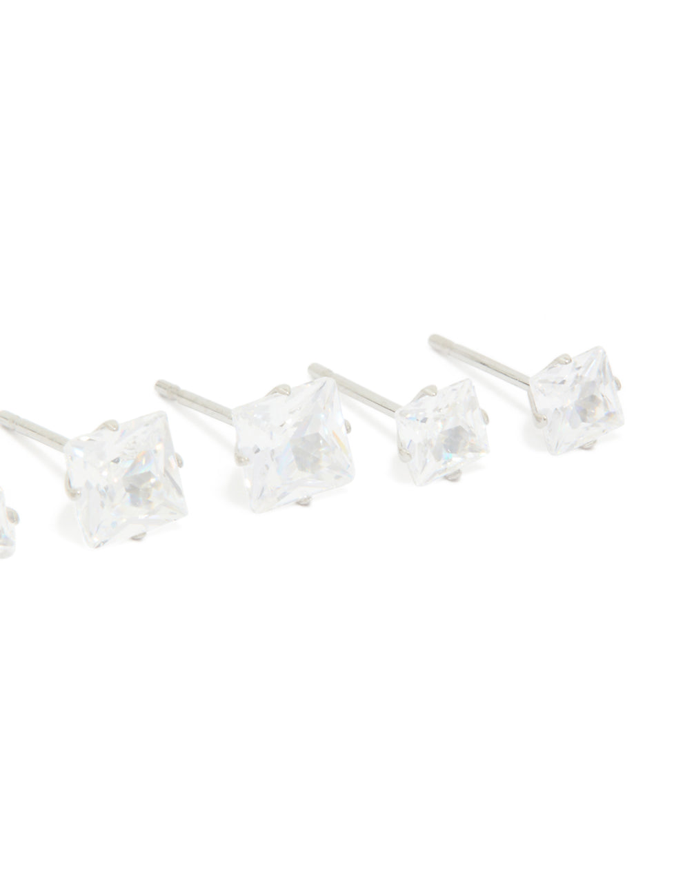 Highlighting waterproof stainless steel cubic zirconia square stud earrings in a 3-pack with silver and clear stones post detail view