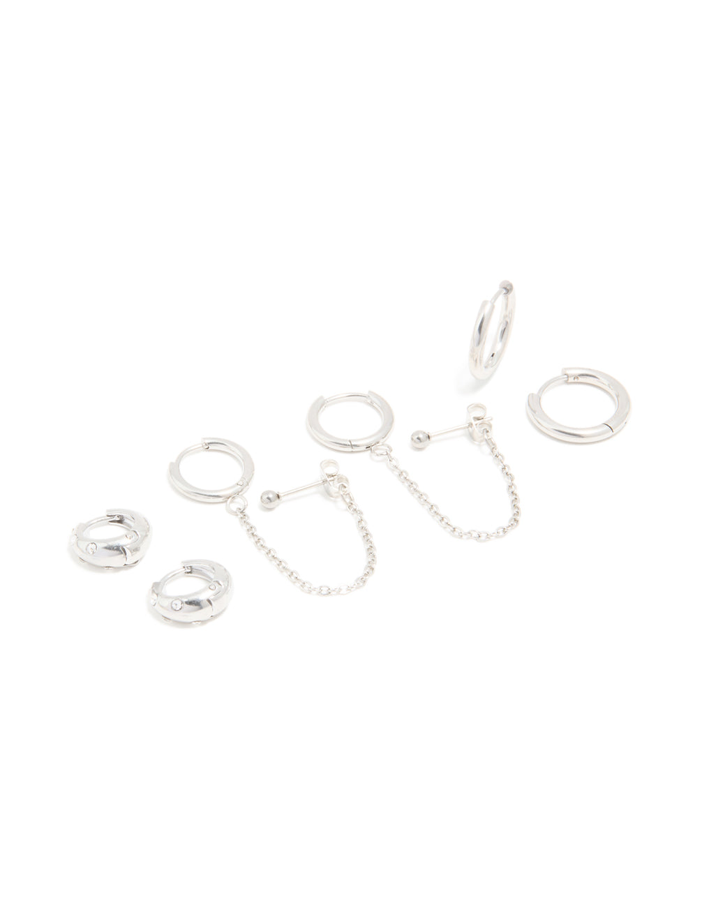 Discover waterproof stainless steel chain and huggie earrings in a 3-pack featuring stud closure in silver finish front view