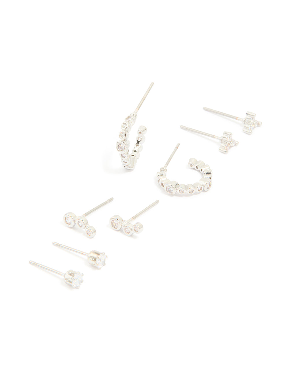 Showcasing waterproof stainless steel diamante stacking earrings in a 4-pack with silver finish front view