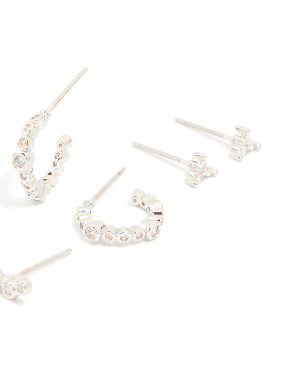 Discover waterproof stainless steel diamante stacking earrings presented as a 4-pack with silver tone post detail view