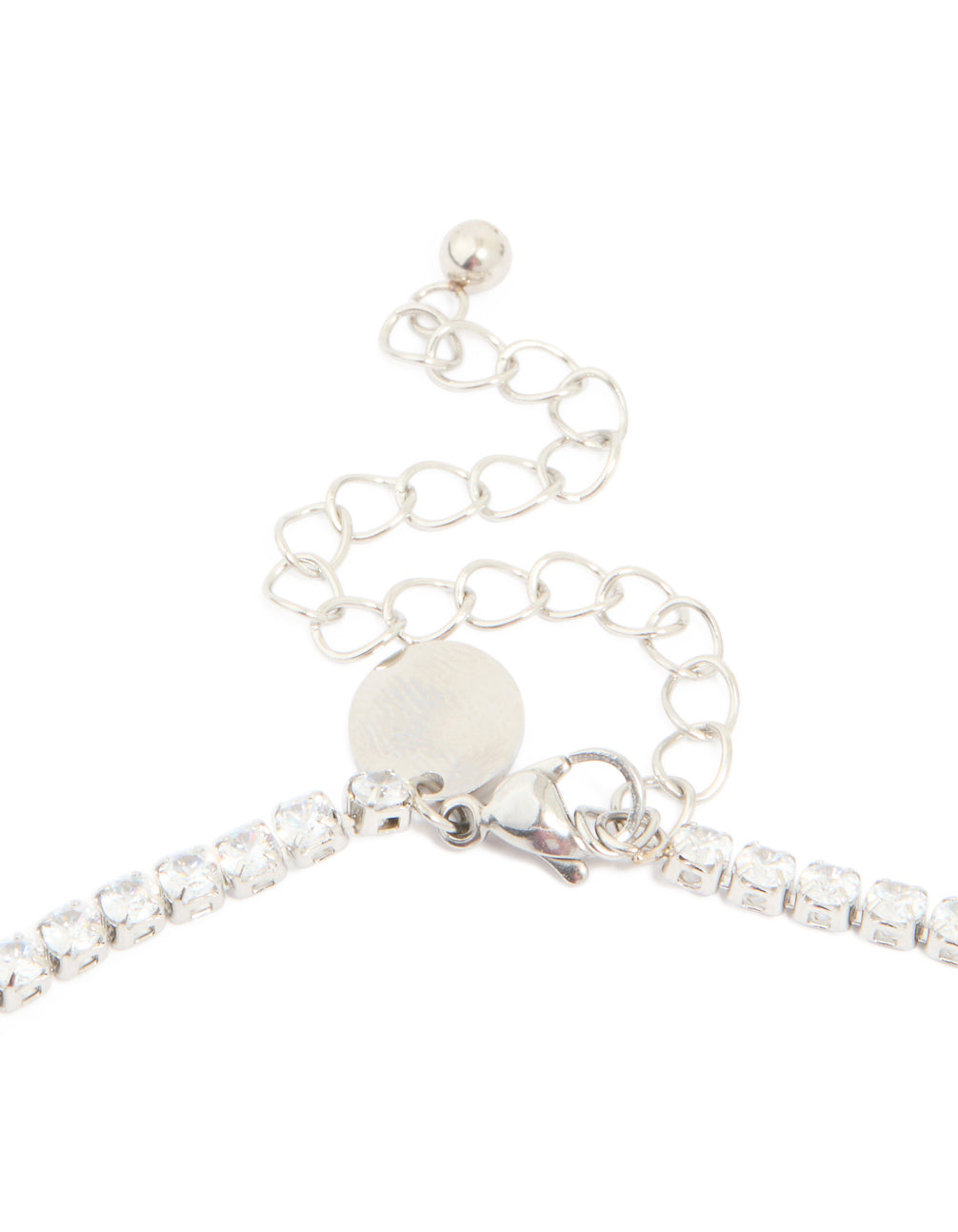 Highlighting waterproof stainless steel classic tennis necklace with cubic zirconia clasp detail view