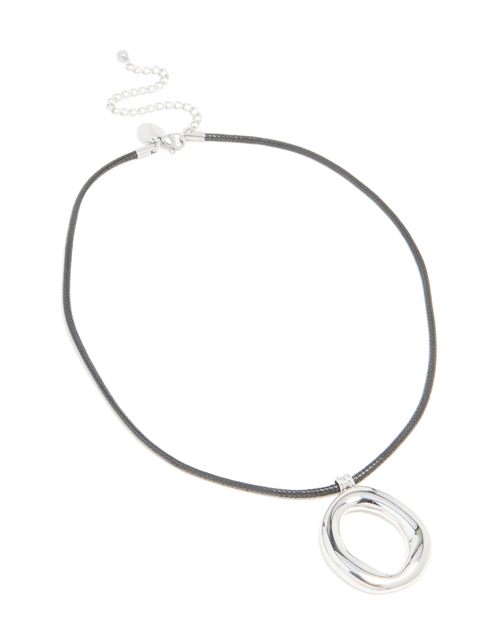 Crafted from waterproof stainless steel with an organic pendant on a black cord necklace front view