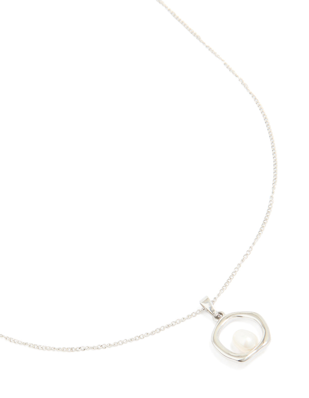 Showcasing a waterproof stainless steel freshwater molten hoop pearl centre pendant necklace with silver and white tones close up view