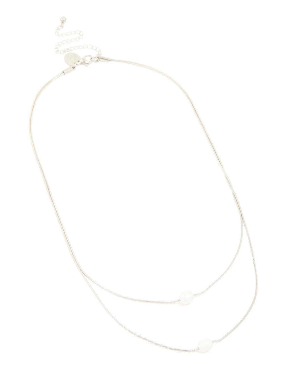 This waterproof stainless steel pearl layered necklace displayed from an alternate front view