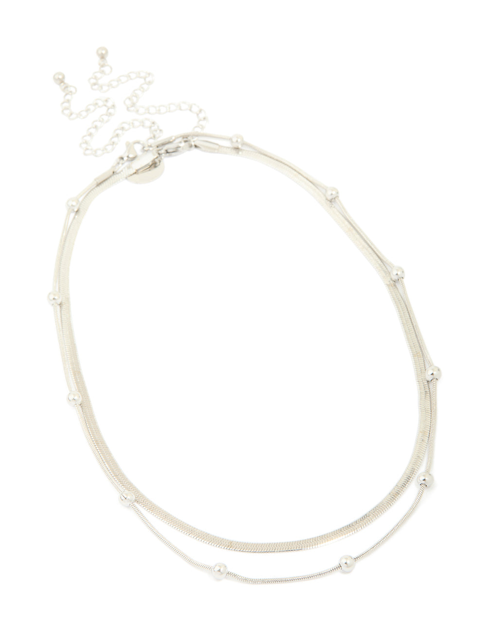 Showcase your look with a waterproof stainless steel snake chain and ball charm layered necklace in silver featuring statement design front view
