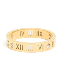 Waterproof Gold Plated Stainless Steel Cubic Zirconia Roman Numeral Band Ring - link has visual effect only