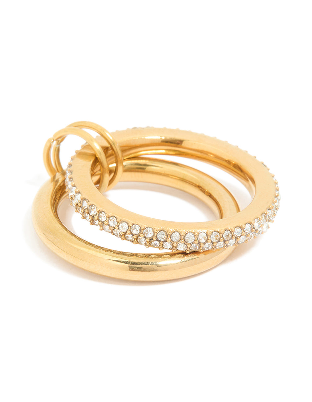 Showcasing a waterproof gold plated stainless steel cubic zirconia spinner rondell stacked ring front view