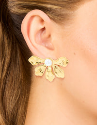 Waterproof Gold Plated Stainless Steel Pearl Half Flower Stud Earrings - link has visual effect only