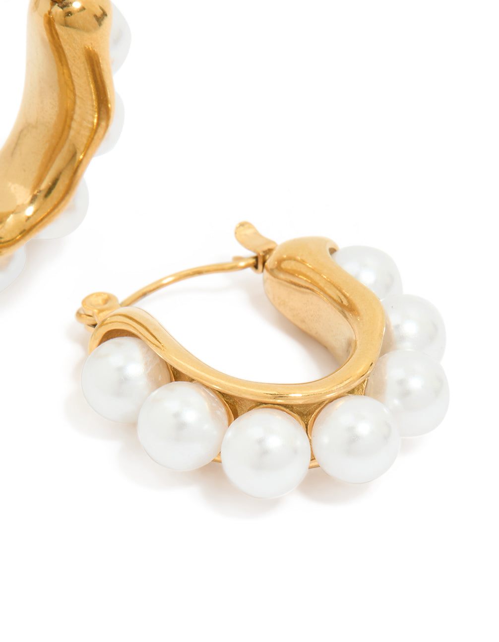 High detail of waterproof gold plated stainless steel pearl puffy hoop earrings with charm post detail view