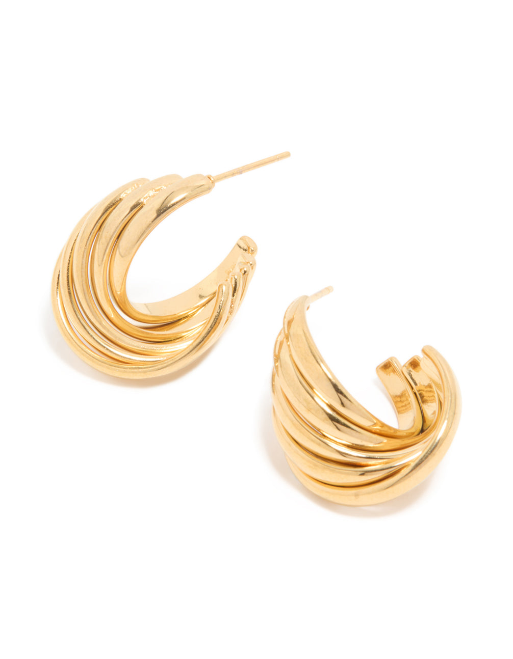 Showcasing waterproof gold plated stainless steel 4-row twisted hoop earrings in statement style front view