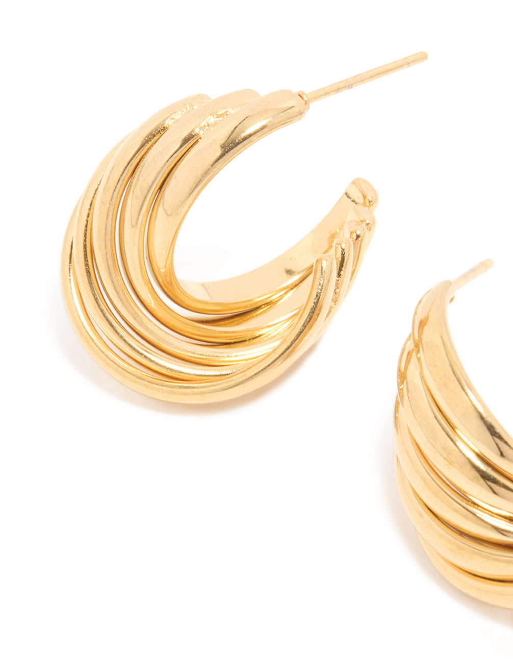 Detailed view of waterproof gold plated stainless steel 4-row twisted hoop earrings in statement style close up view