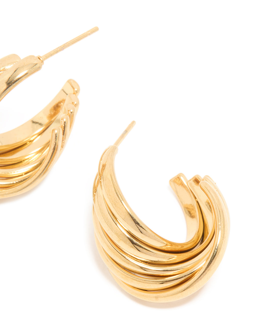 Crafted from waterproof gold plated stainless steel 4-row twisted hoop earrings in statement style post detail view