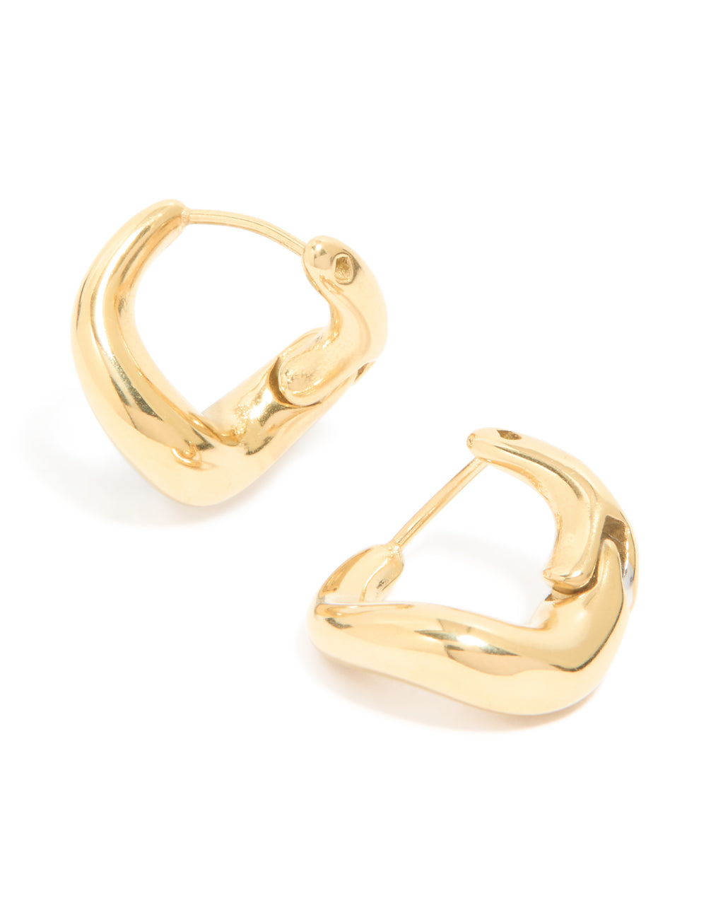 Featuring waterproof gold plated stainless steel bendy metal hoop earrings front view