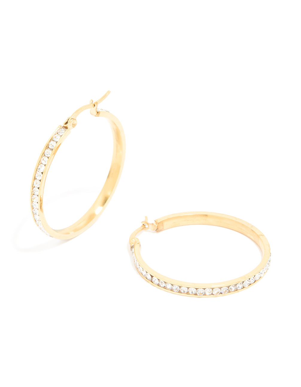 Featuring waterproof stainless steel diamante hoop earrings in gold plated finish front view