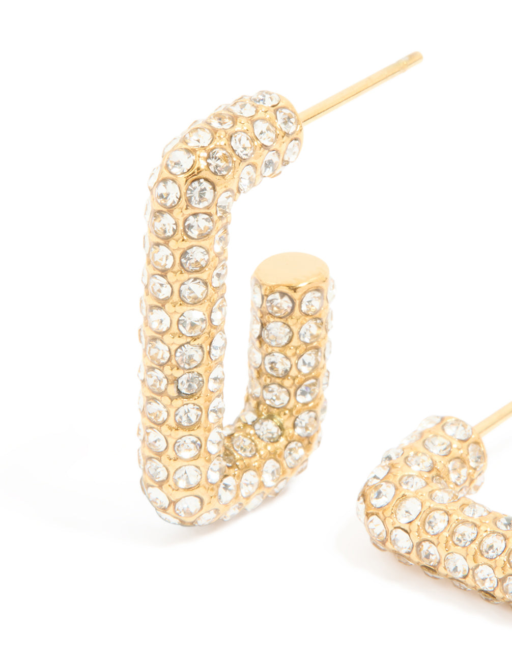Highlighting waterproof diamante pavé rectangle hoop earrings in stainless steel with gold plated close up view