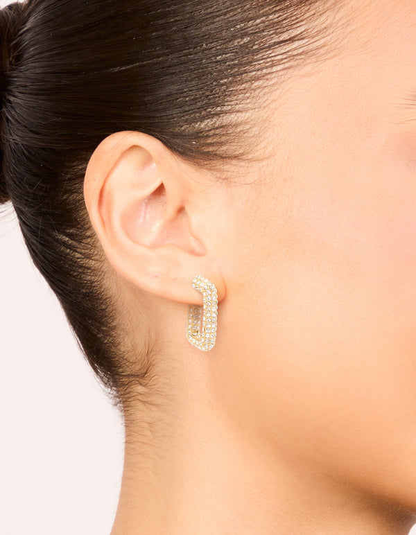 Waterproof Gold Plated Stainless Steel Diamante Pavé Rectangle Hoop Earrings