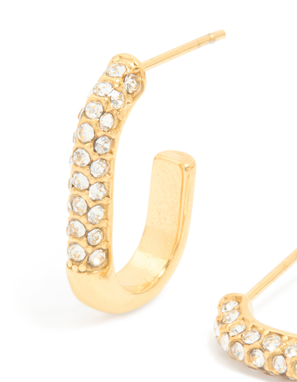 Designed with waterproof gold plated stainless steel diamante half oval hoop earrings close up view