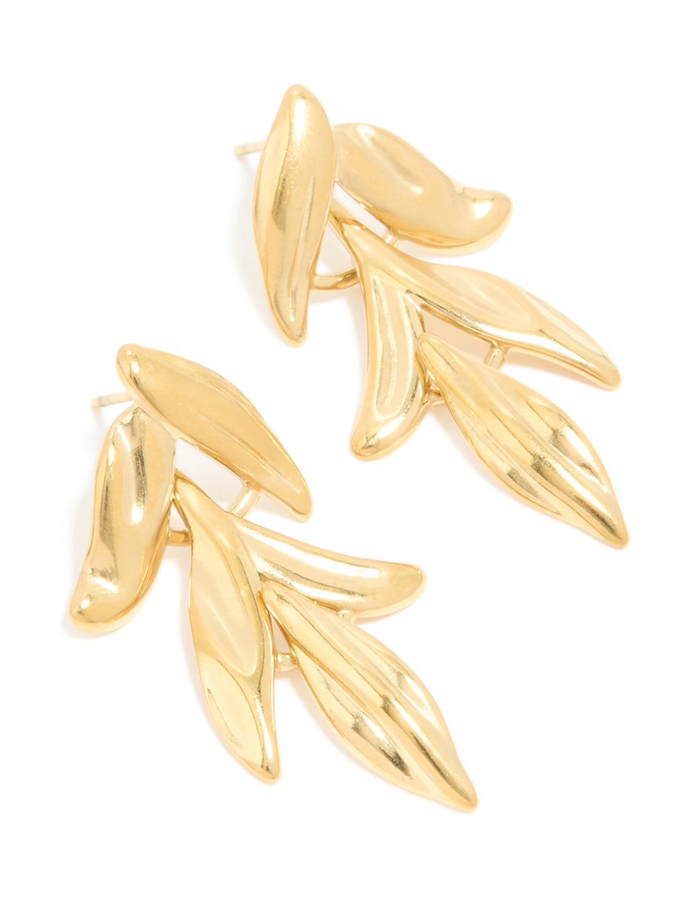 Showcasing waterproof gold plated stainless steel cascading leaf drop stud earrings with polished finish front view