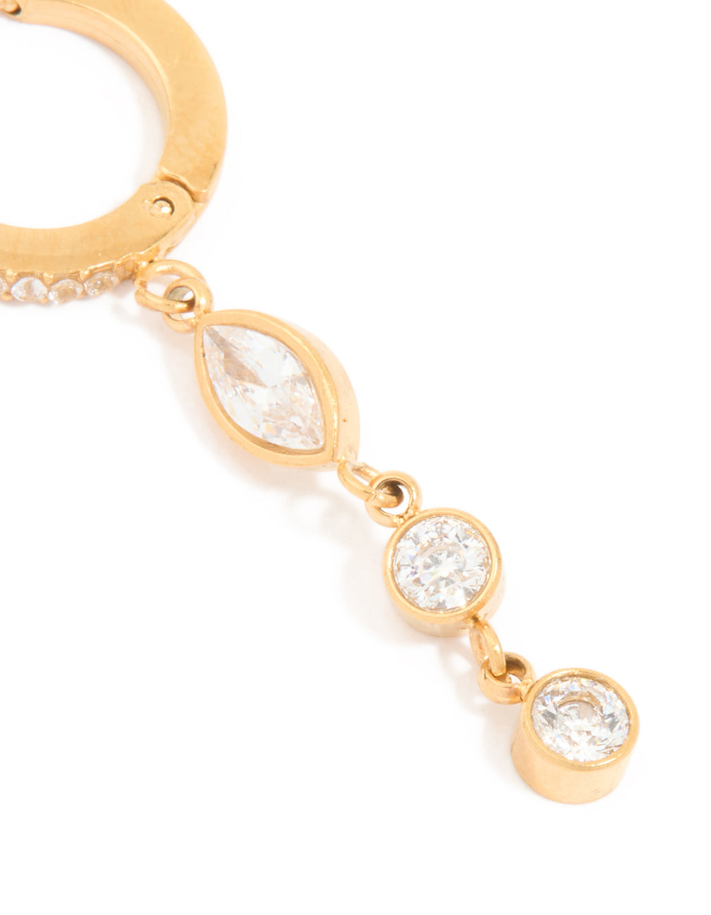 Crafted from waterproof gold plated stainless steel cubic zirconia droplet huggie earrings post detail view