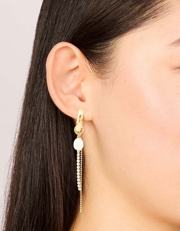 Waterproof Gold Plated Stainless Steel Freshwater Pearl & Diamante Cup Chain Huggie Earrings