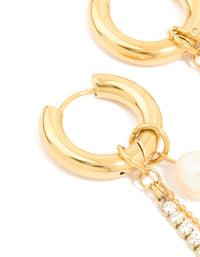 Waterproof Gold Plated Stainless Steel Freshwater Pearl & Diamante Cup Chain Huggie Earrings - link has visual effect only