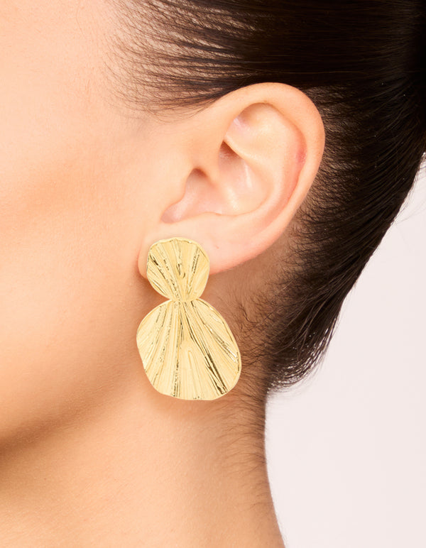 Waterproof Gold Plated Stainless Steel Double Textured Drop Earrings