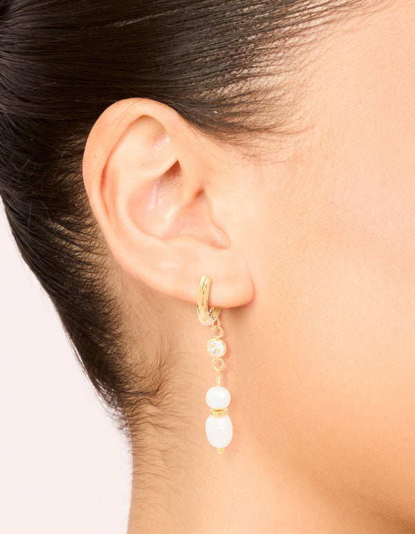 Waterproof Gold Plated Stainless Steel Diamante & Pearl Chain Huggie Earrings