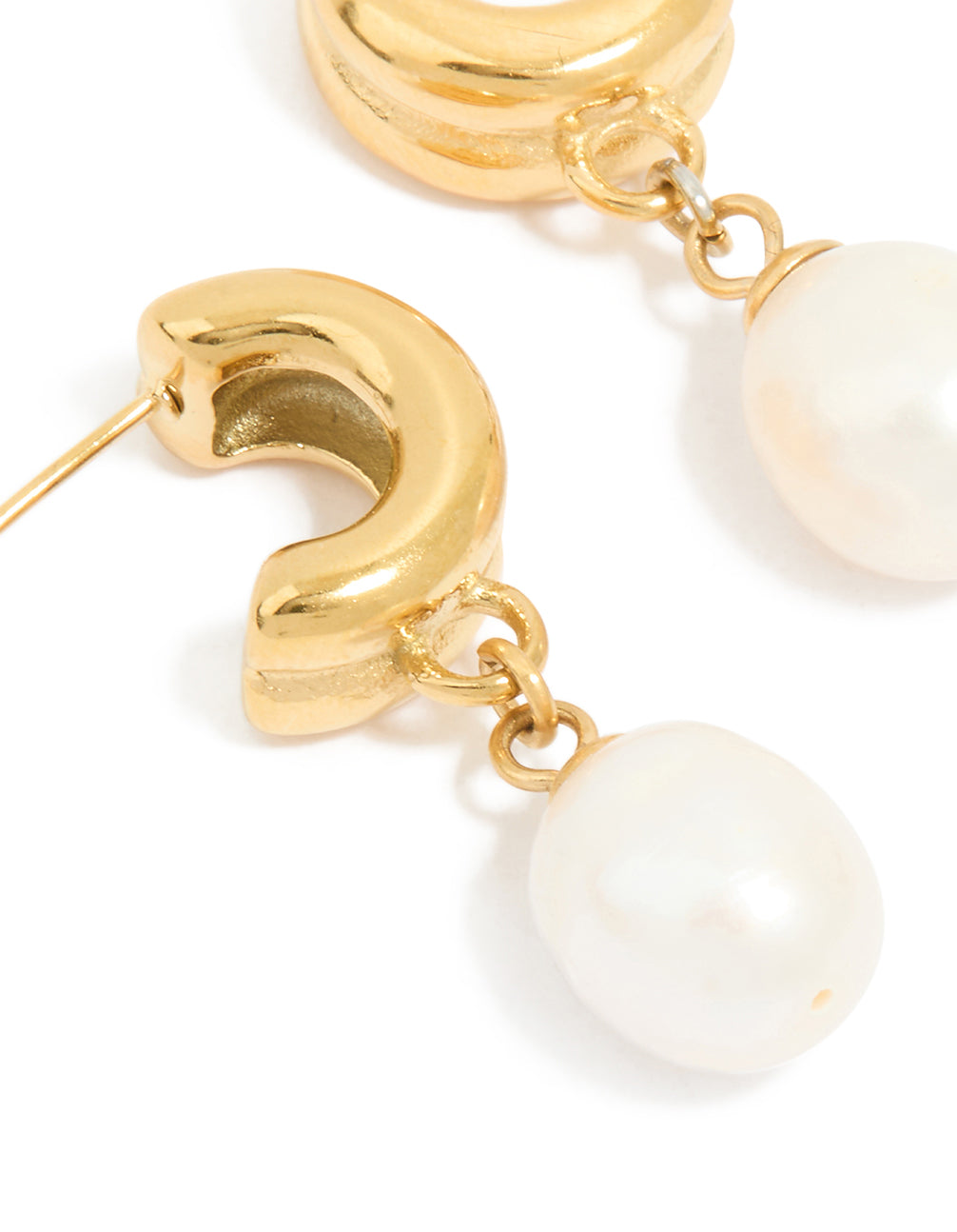 Highlighting waterproof gold plated stainless steel pearl chunky drop earrings with charm close up view