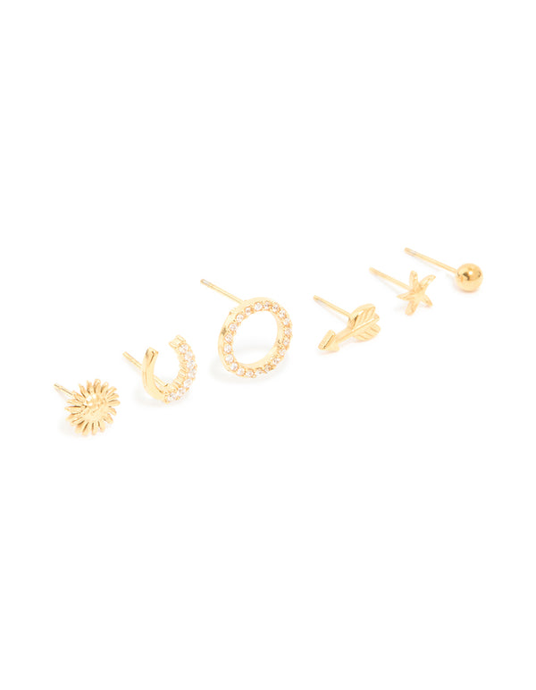Waterproof Gold Plated Stainless Steel Mixed Motif Stud Earrings 3-Pack