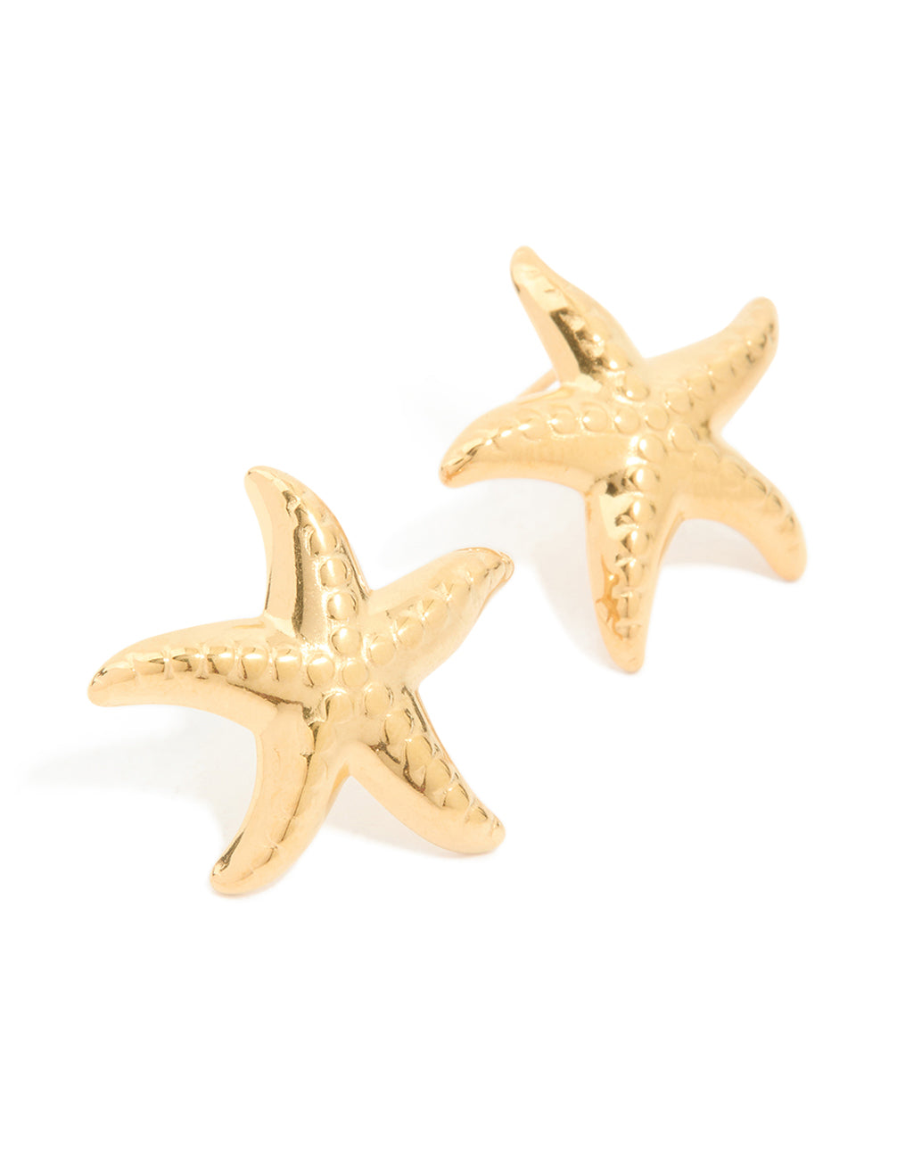 Showcasing waterproof starfish stud earrings crafted from gold plated stainless steel with ocean-inspired detailing front view