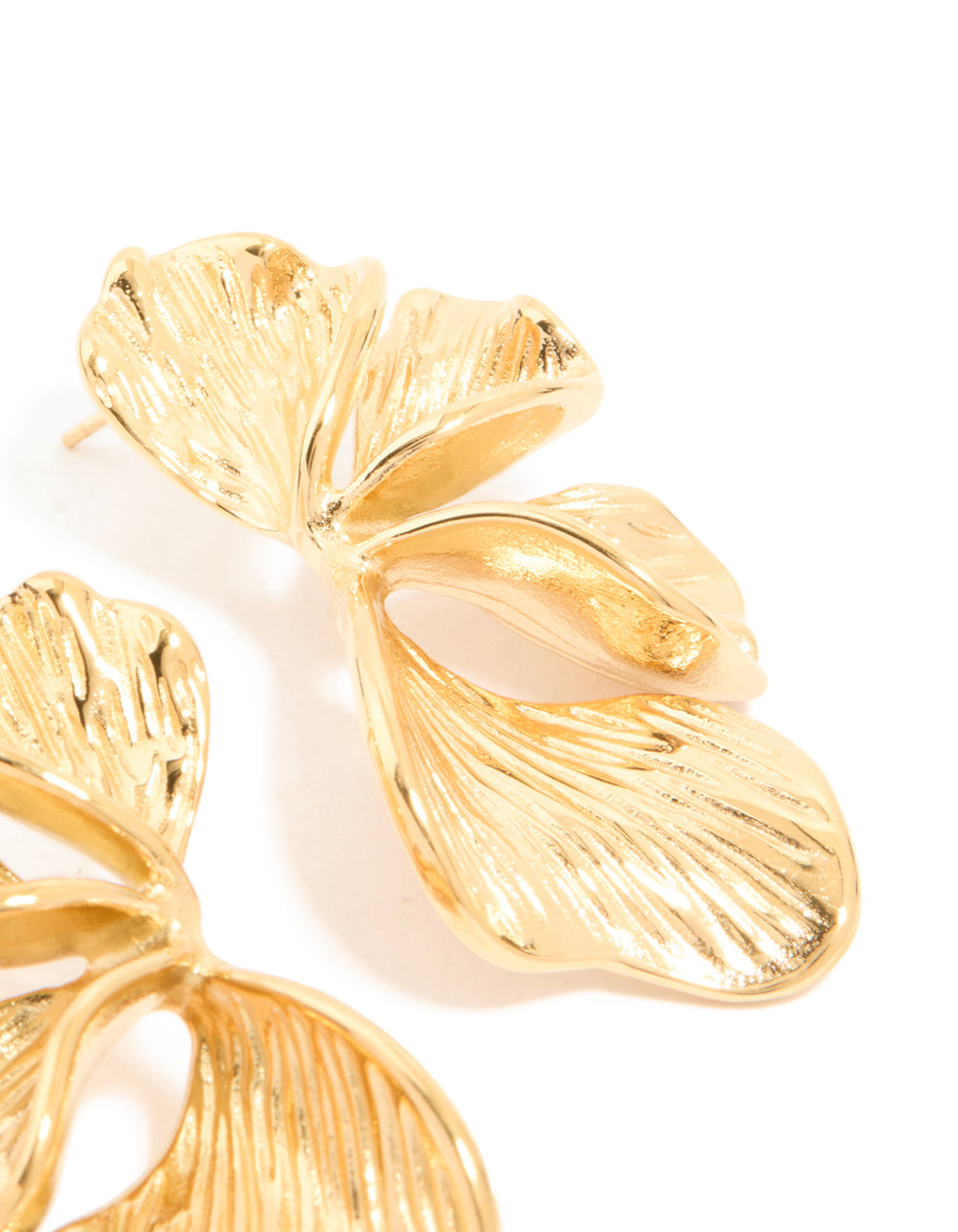 Designed with waterproof gold plated stainless steel ribbed petal stud earrings featuring floral design post detail view