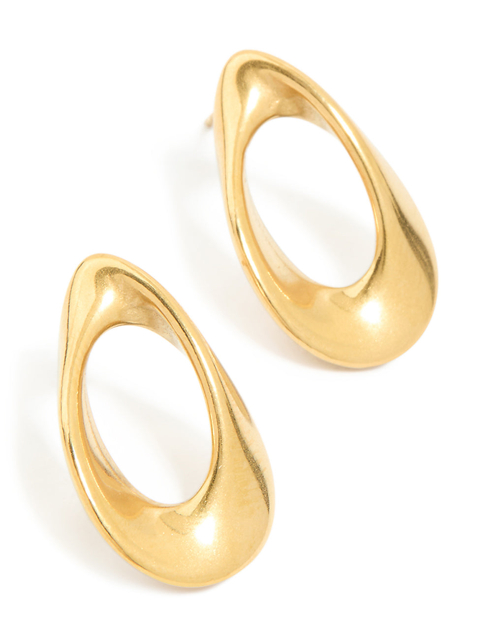 Showcasing mini open teardrop earrings crafted from waterproof gold plated stainless steel front view