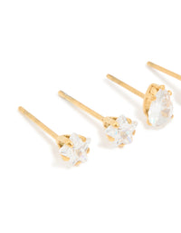 Waterproof Gold Plated Stainless Steel Cubic Zirconia Mixed Cut Stud Earrings 3-Pack - link has visual effect only